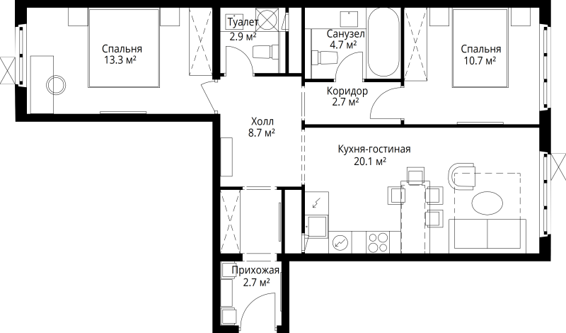 3 ккв (Евро) 65,8 м²
