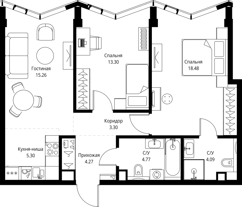 3 ккв (Евро) 68,8 м²