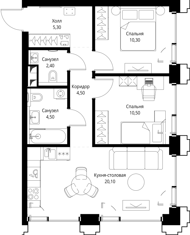 3 ккв (Евро) 58 м²
