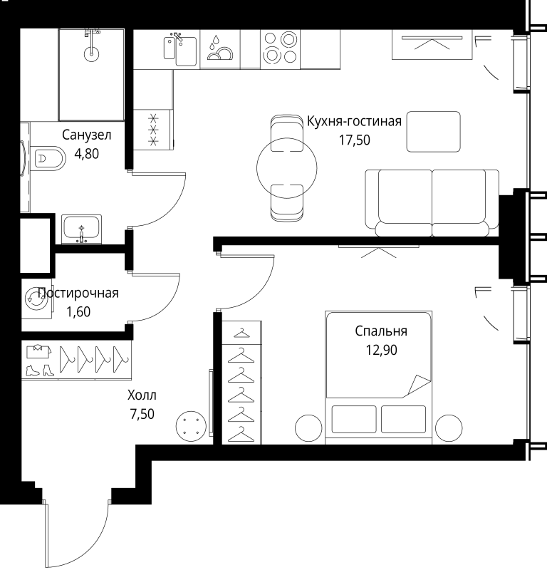 2 ккв (Евро) 45,5 м²