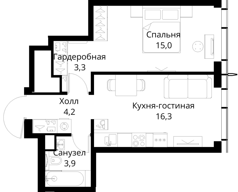 2 ккв (Евро) 42,7 м²