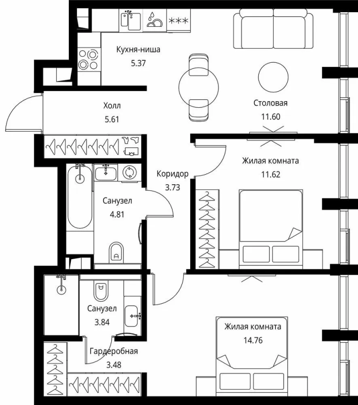 3 ккв (Евро) 64,8 м²