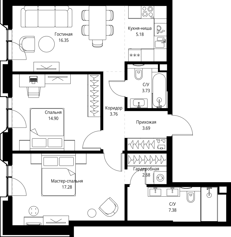 3 ккв (Евро) 75 м²