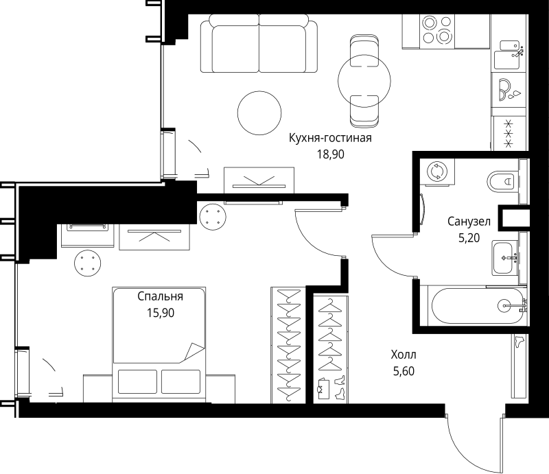 2 ккв (Евро) 46,8 м²