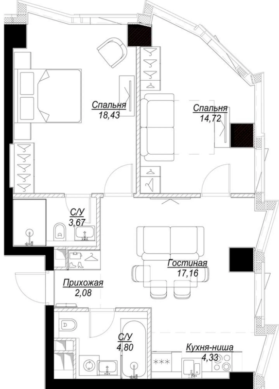 3 ккв (Евро) 65,4 м²
