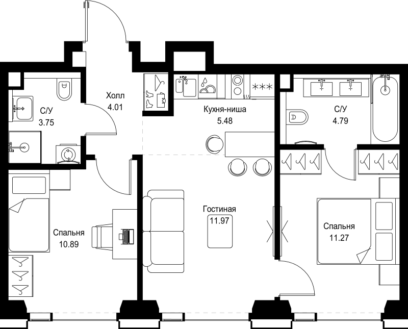 3 ккв (Евро) 52,2 м²