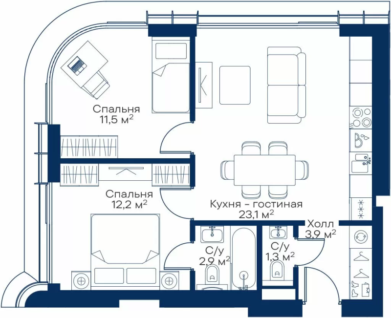 3 ккв (Евро) 53,6 м²