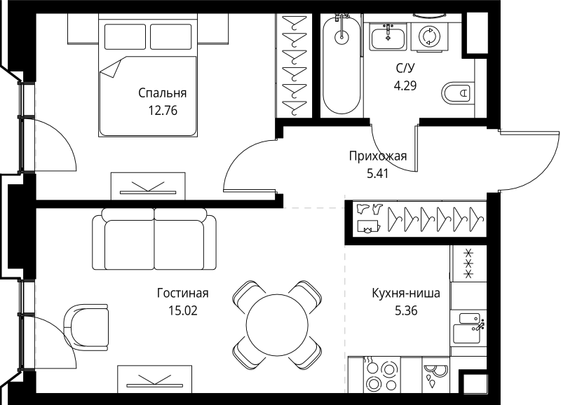 2 ккв (Евро) 42,8 м²