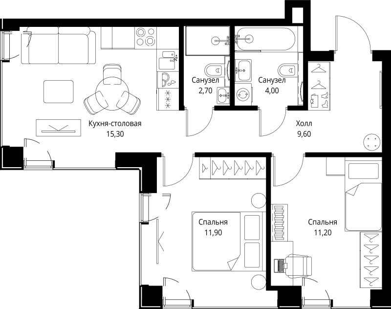 3 ккв (Евро) 54,7 м²