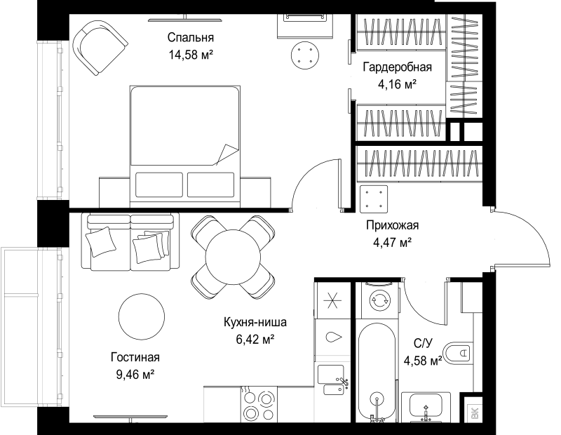 2 ккв (Евро) 43,7 м²