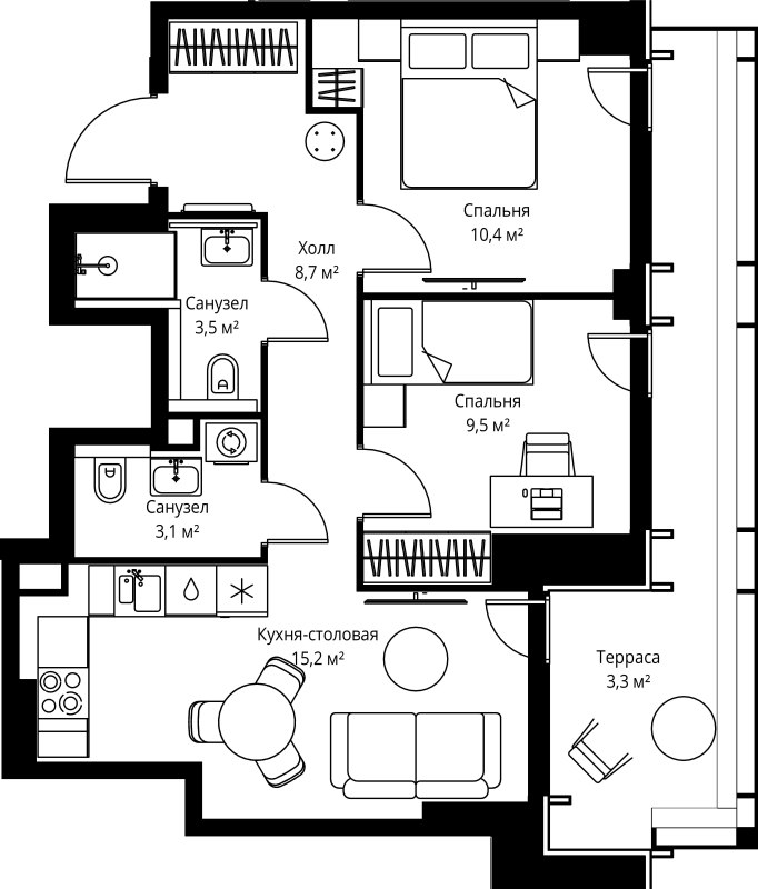 3 ккв (Евро) 53,7 м²