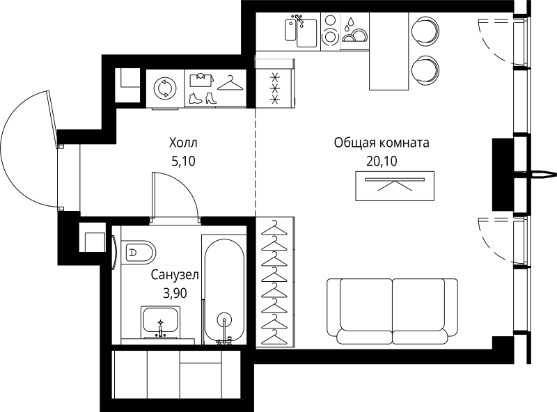 Студия 29,1 м²