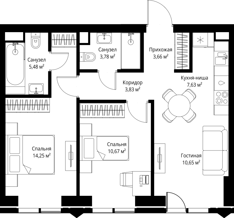 3 ккв (Евро) 60 м²