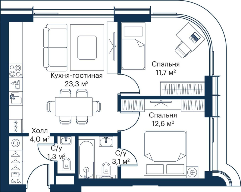 3 ккв (Евро) 54,3 м²