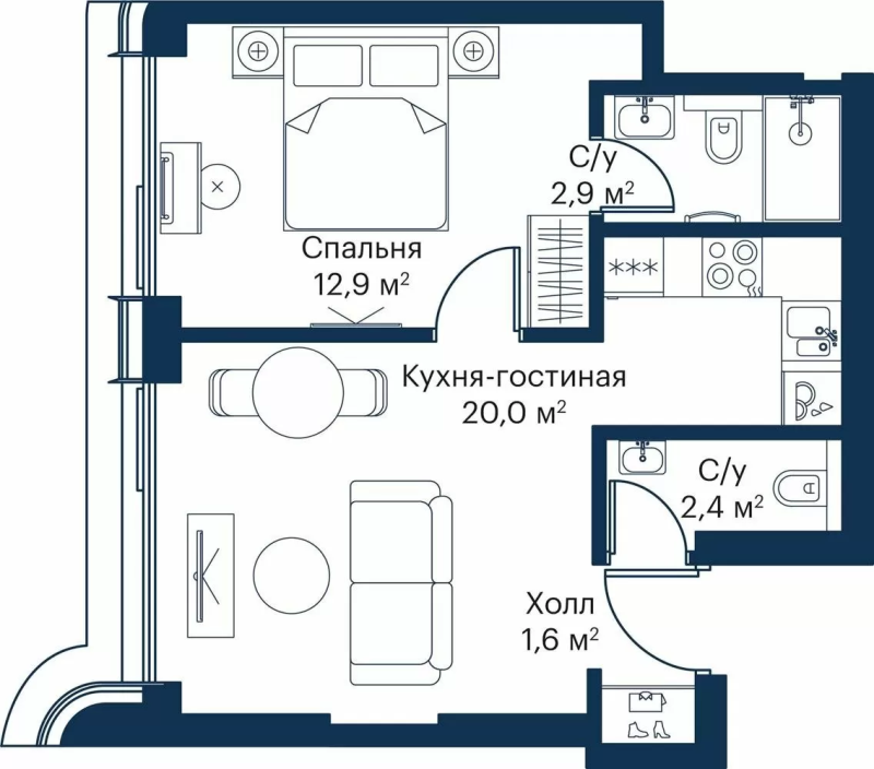 2 ккв (Евро) 38,4 м²