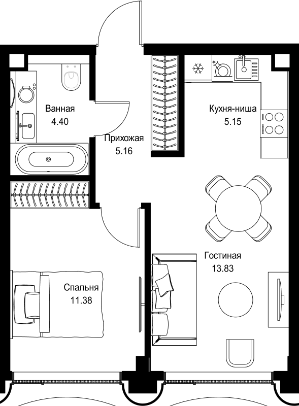 2 ккв (Евро) 39,9 м²