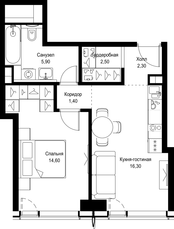 2 ккв (Евро) 43 м²