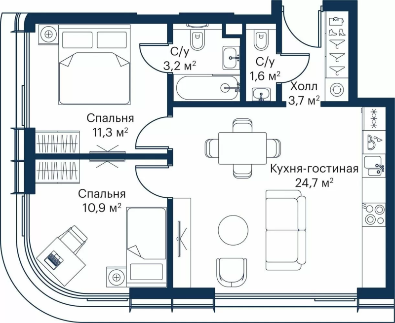 3 ккв (Евро) 53,6 м²
