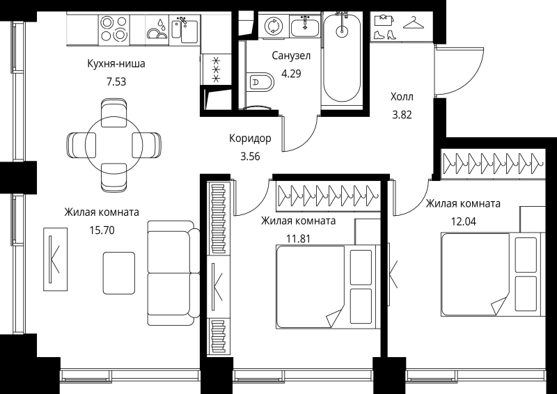 3 ккв (Евро) 58,8 м²
