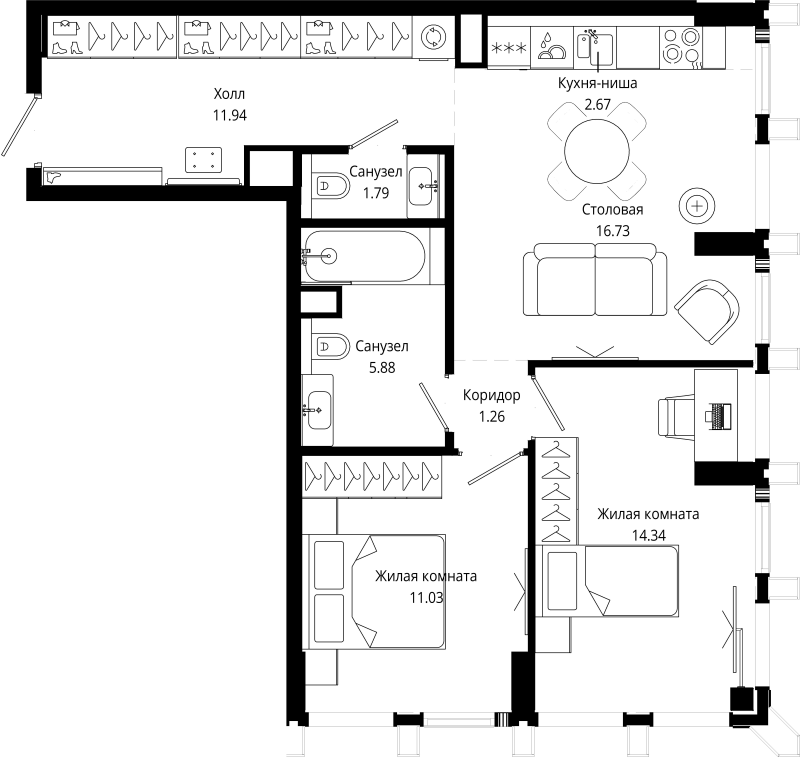 3 ккв (Евро) 65,8 м²