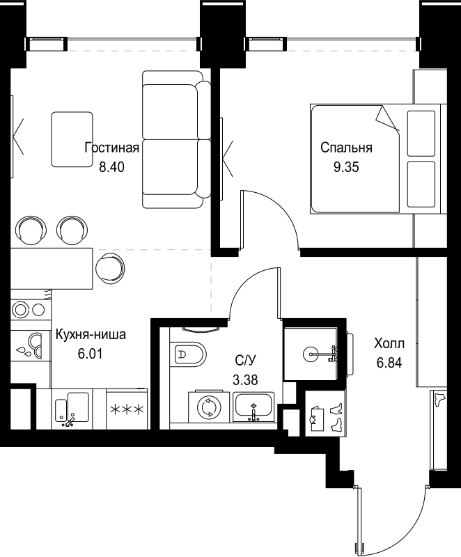 2 ккв (Евро) 34 м²