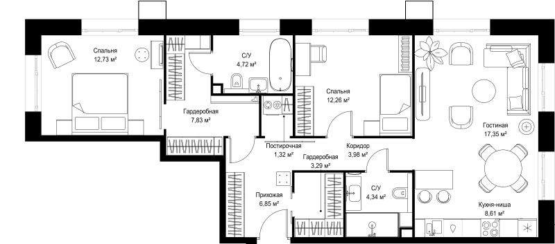 3 ккв (Евро) 83,3 м²