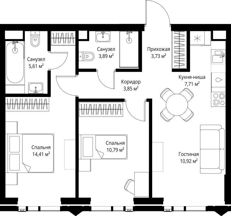 3 ккв (Евро) 60,9 м²