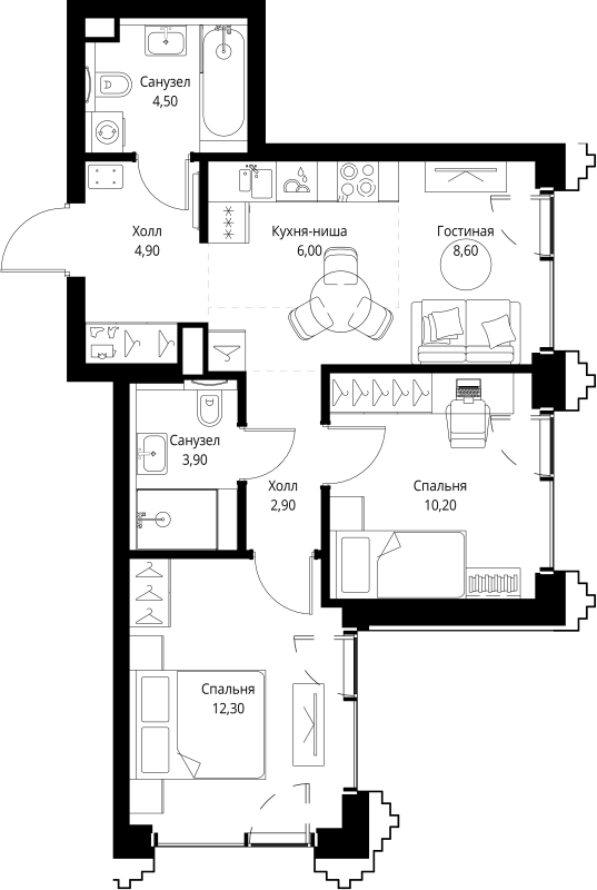 3 ккв (Евро) 54 м²
