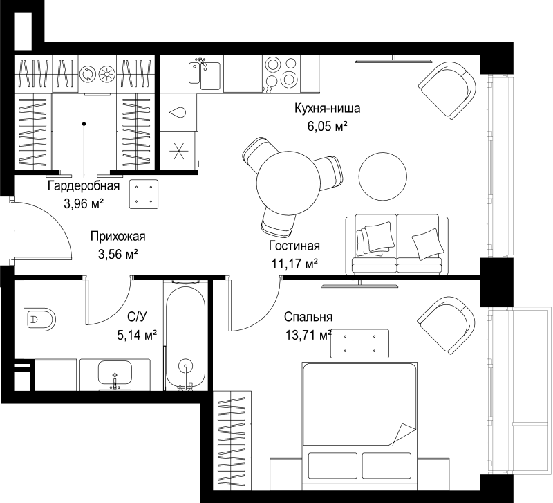 2 ккв (Евро) 43,6 м²