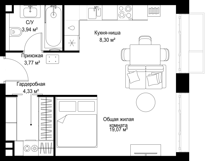 Студия 39,4 м²