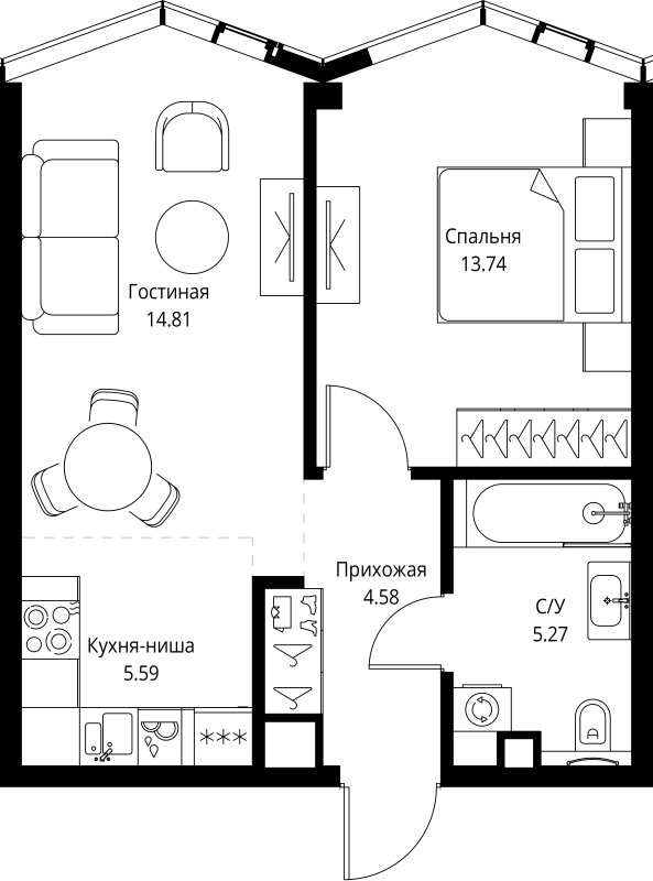 2 ккв (Евро) 44 м²