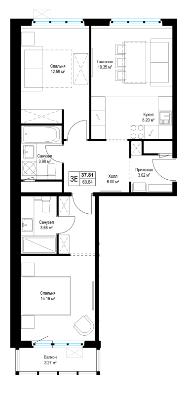 3 ккв (Евро) 62 м²