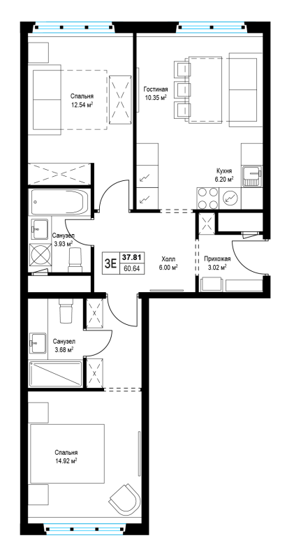 3 ккв (Евро) 60,7 м²
