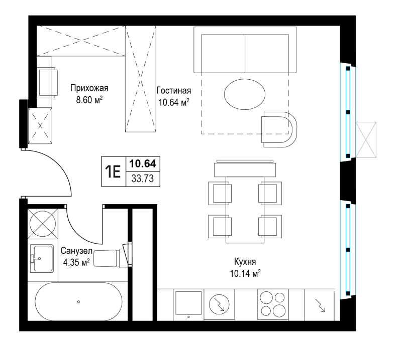 Студия 33,9 м²