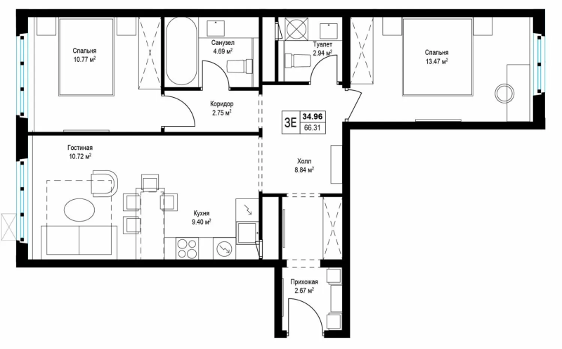 3 ккв (Евро) 66,5 м²