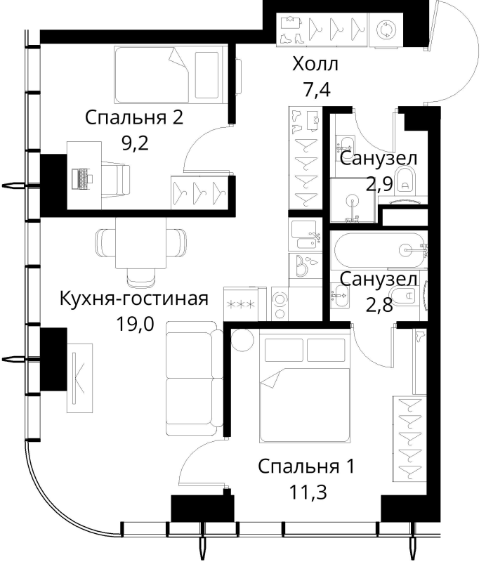 3 ккв (Евро) 52,6 м²