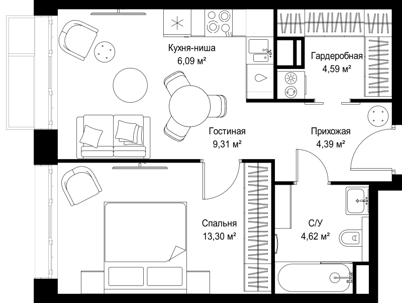 2 ккв (Евро) 42,3 м²