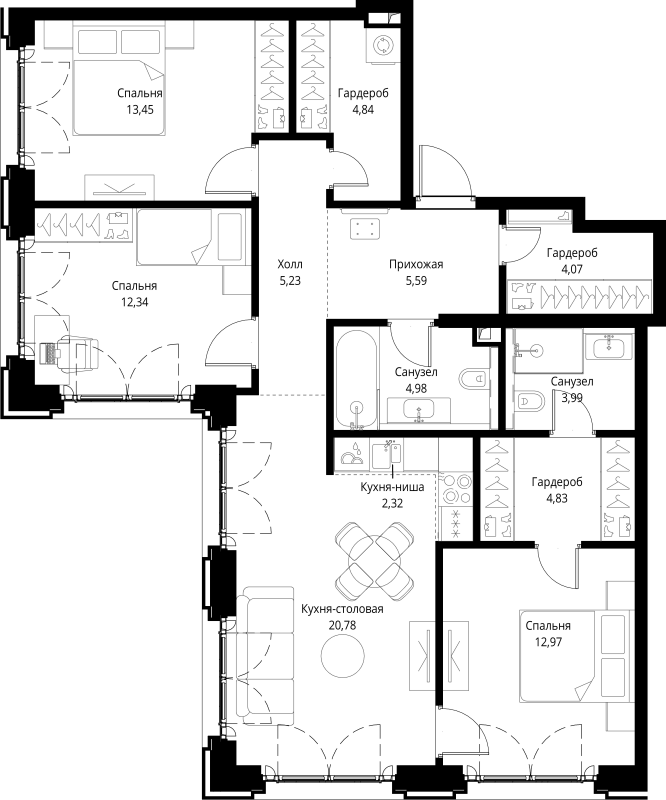 4 ккв (Евро) 95,4 м²