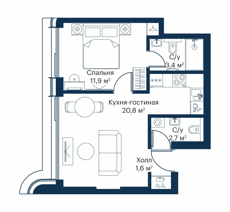 2 ккв (Евро) 39,2 м²