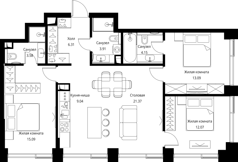 4 ккв (Евро) 88,6 м²