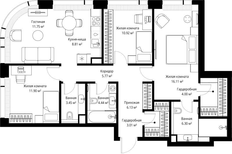 4 ккв (Евро) 92,6 м²