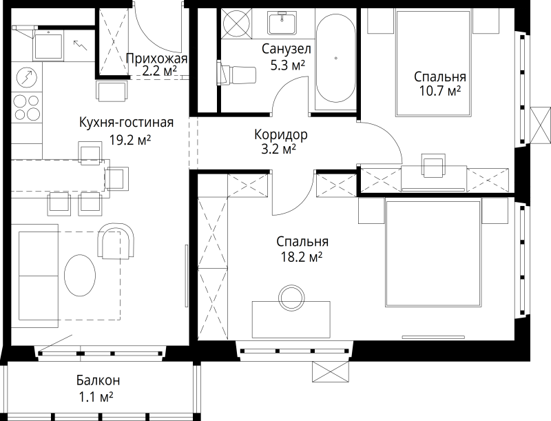 3 ккв (Евро) 59,9 м²