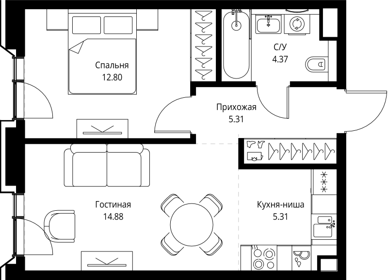 2 ккв (Евро) 42,7 м²