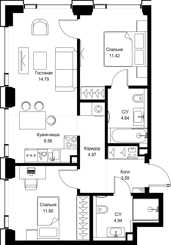 3 ккв (Евро) 62,5 м²
