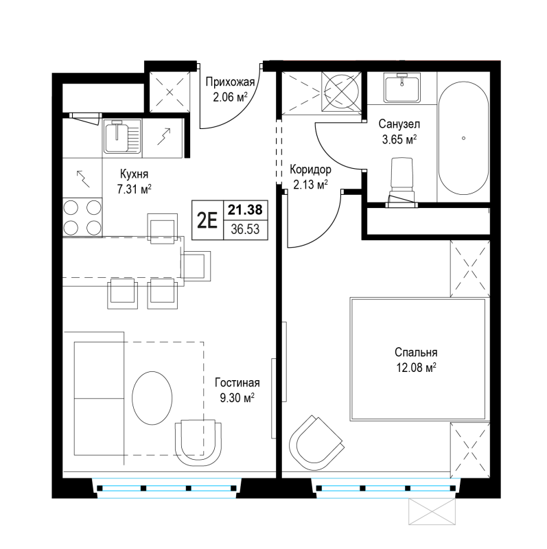 2 ккв (Евро) 36,5 м²
