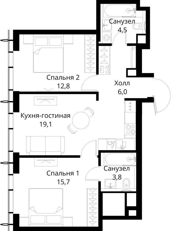 3 ккв (Евро) 61,9 м²