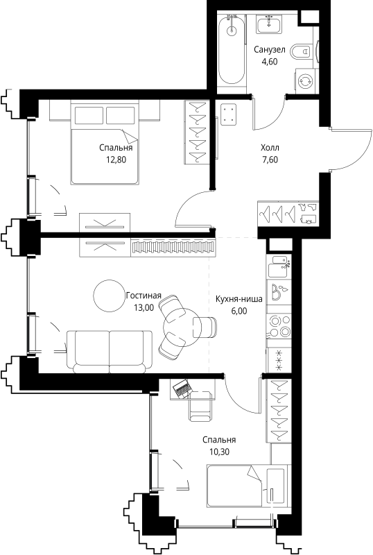 3 ккв (Евро) 54,8 м²