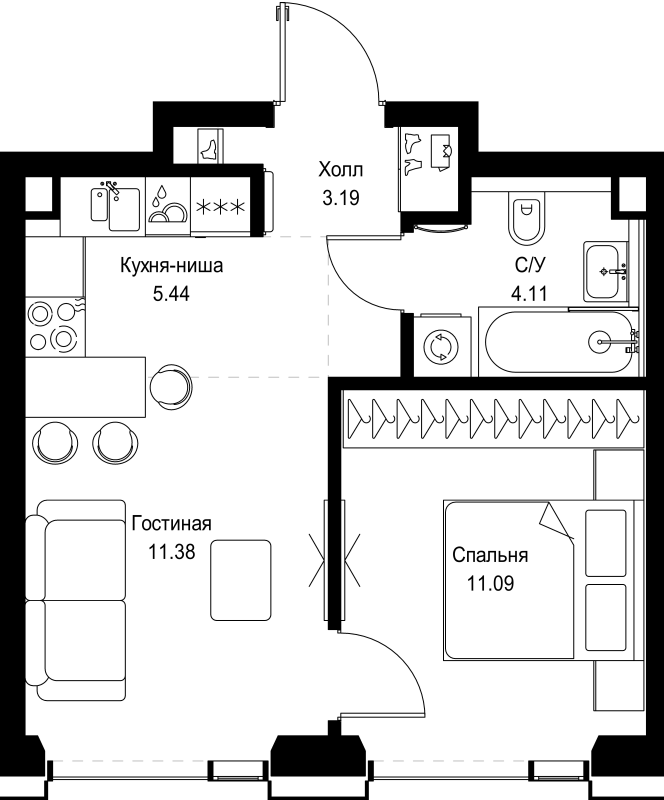 2 ккв (Евро) 35,2 м²