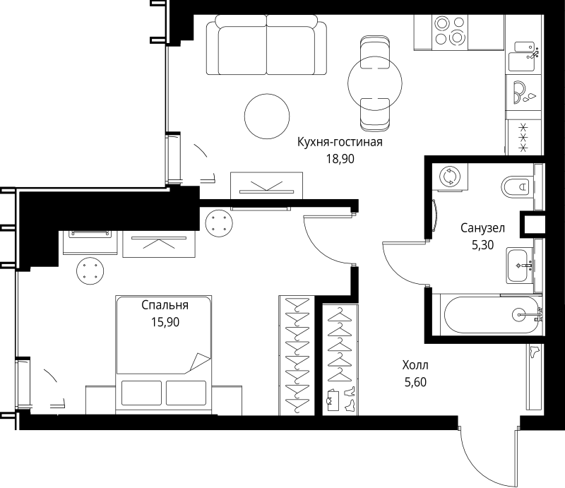 2 ккв (Евро) 46,8 м²