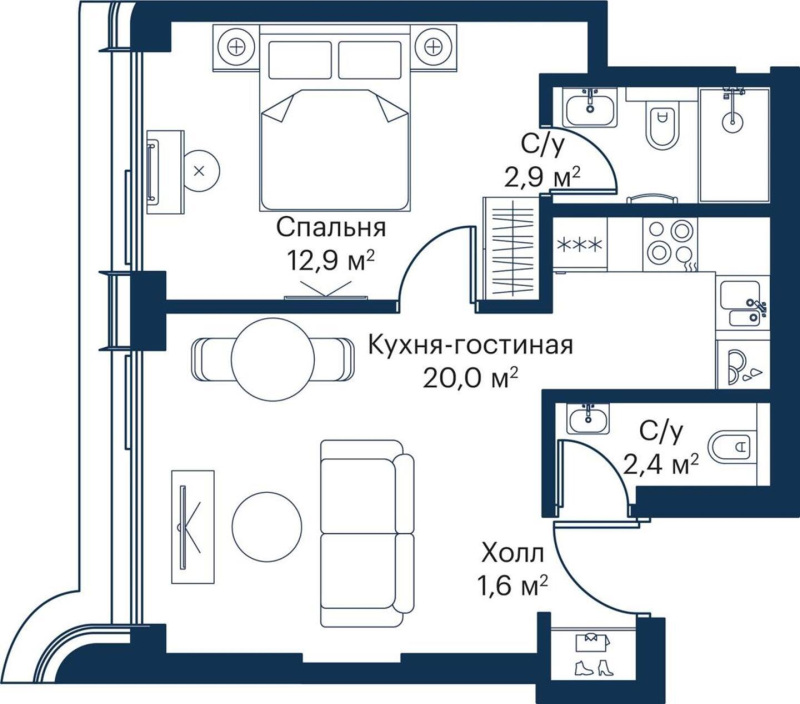 2 ккв (Евро) 38,4 м²